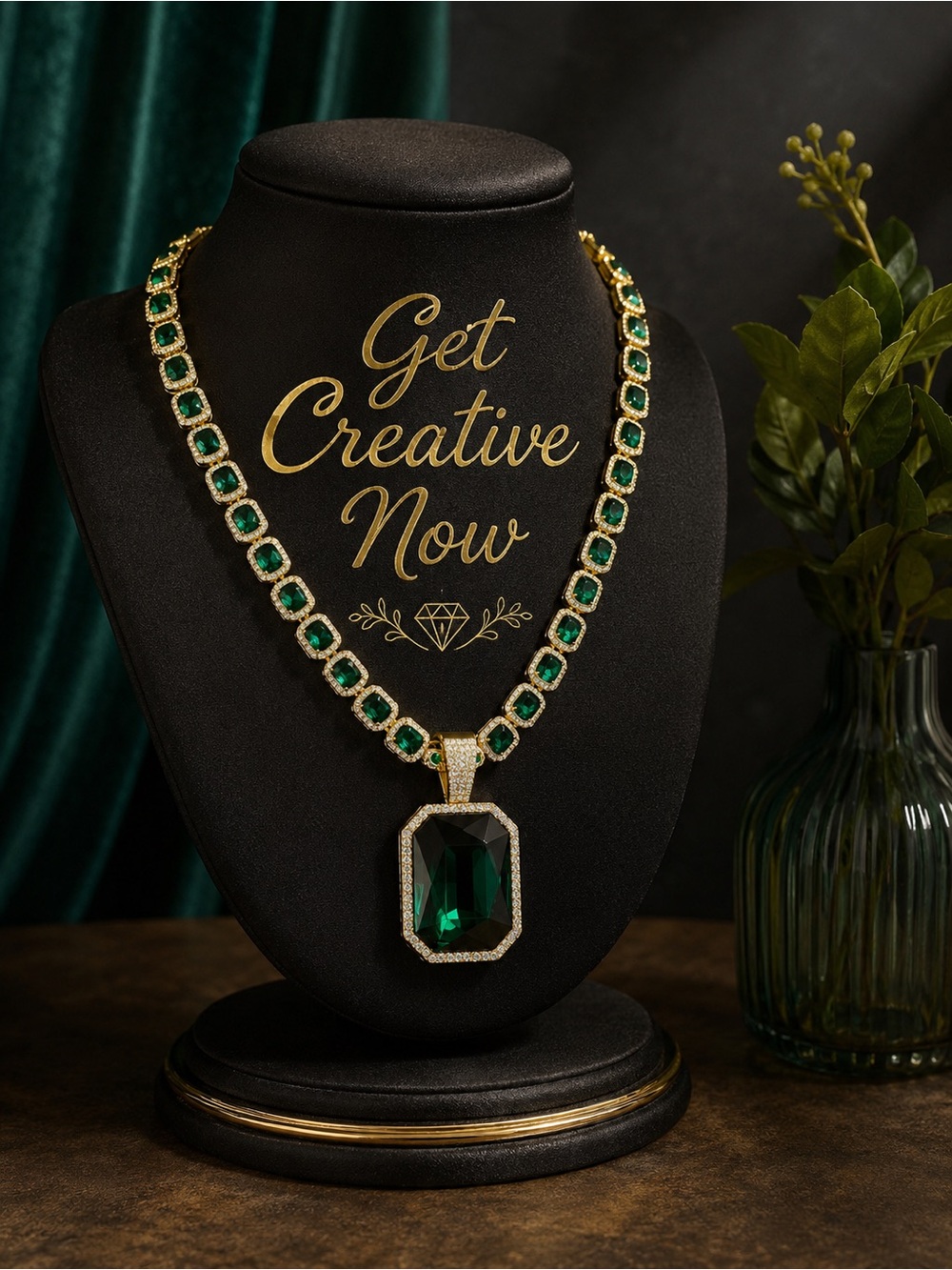 Deep Emerald Pendant Statement Necklace sparkling rhinestones accents-Holiday